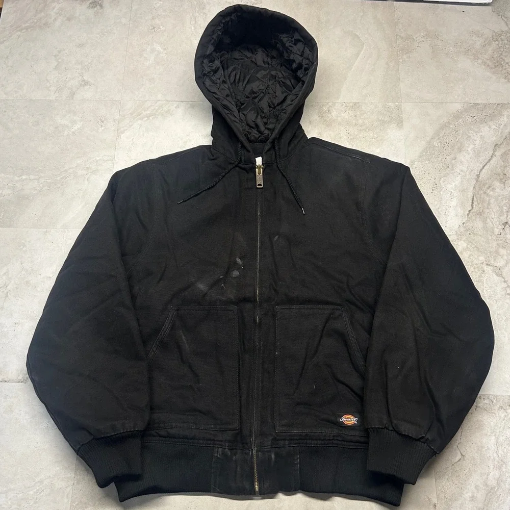 Dickies Hooded Work Jacket Black Mens Size M Canvas Quilted Lined Distressed